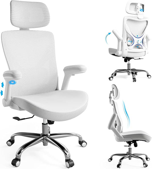 Office Home Ergonomic Desk Chair-Computer X-Shaped Chair Mesh PU Leather with Adjustable Lumbar Support-Executive Chair High Back with Headrest Flip-Up Arms for Long Hours (White)