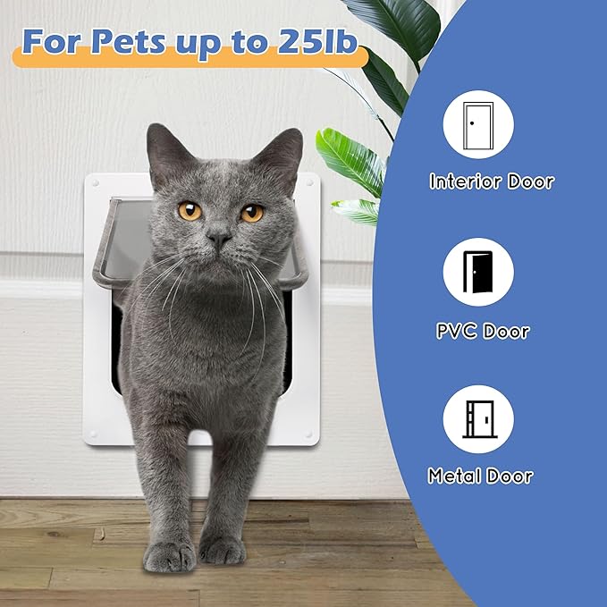 Wordcam X-Large Cat Door, Cat Door for Interior Exterior Doors, 4 Way Locking Pet Door for Cat Up to 25lbs, Cat Flap Privacy Door for Kitten Doggies, Easy Installation, Weatherproof (White, XL)