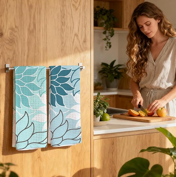 2-Pack Boho Floral Abstract Waffle Towels, Flower Hand Towel for Bathroom Decor, 16x24 Inch Neutral Azure & Blue Flower Dish Tea Towel Decor for Kitchen/Bath/SPA,Gift for Friends.