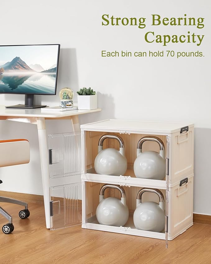 OlarHike 76QT Stackable Storage Bins with Lids - Folding Storage Box with Doors and Wheels, Collapsible Plastic Storage Bins for Closets, Home Organizers, 3 Pack Cubes (Warm Gray)