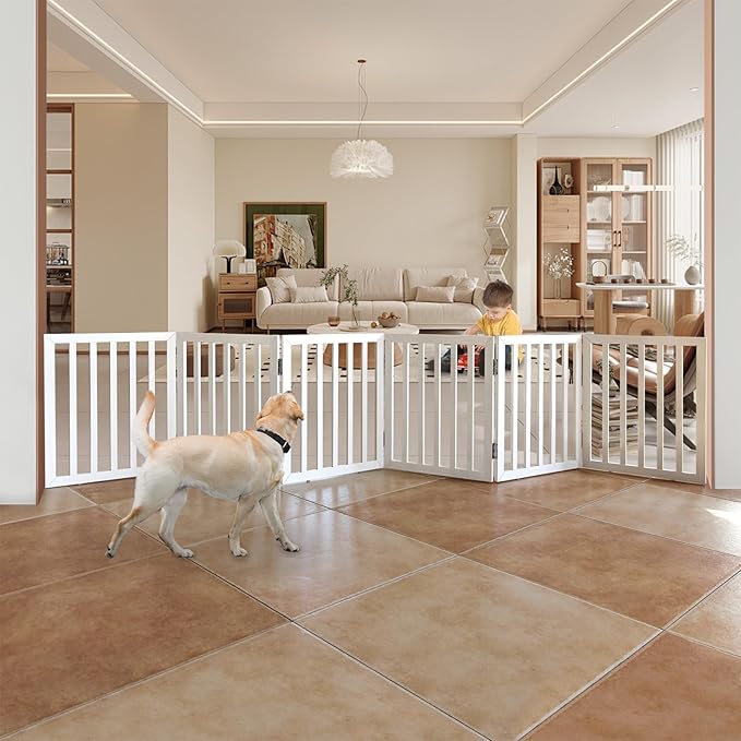 ZJSF Freestanding Indoor Dog Gate for House Foldable Wood White Puppy Gate for Doorways Pet Gate for Stairs Extra Wide Pet Fence 24" Height 6 Panels
