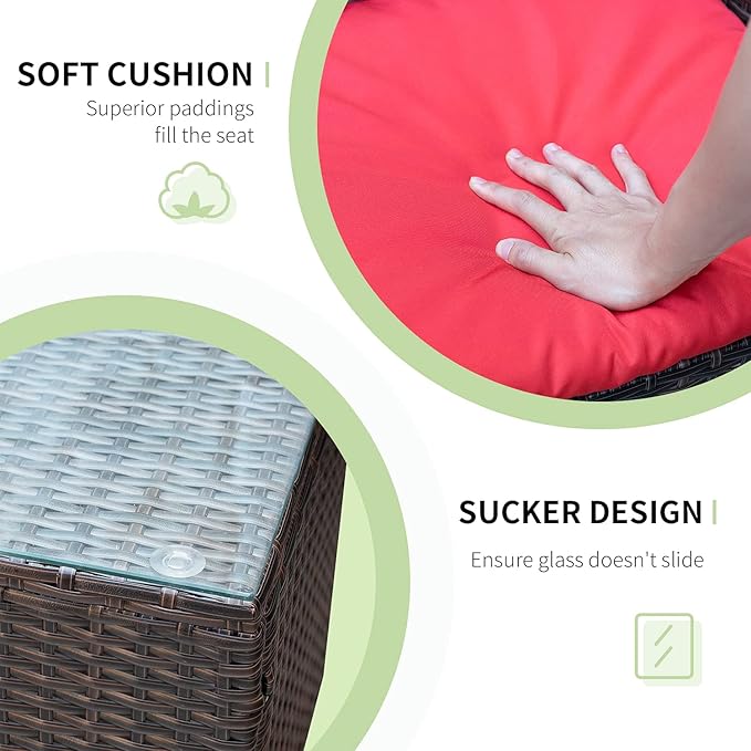 Greesum 3 Pieces Patio Furniture Sets Outdoor PE Rattan Wicker Chairs with Soft Cushion and Glass Coffee Table for Garden Backyard Porch Poolside, Brown and Red