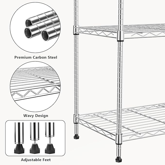 1000 lbs 4Tier Shelf Metal Storage Shelves Wire Rack Closet Organizers with Wheel for Garage Kitchen Bathroom Laundry Chrome 13.7" D x 23.6" W x 53.4" H