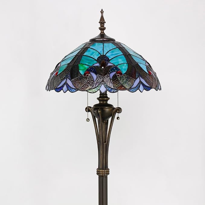 Tiffany Floor Lamp Green Liaison Stained Glass Standing Reading Light 16X16X70 Inches Antique Pole Corner Lamp Decor Bedroom Office Living Room