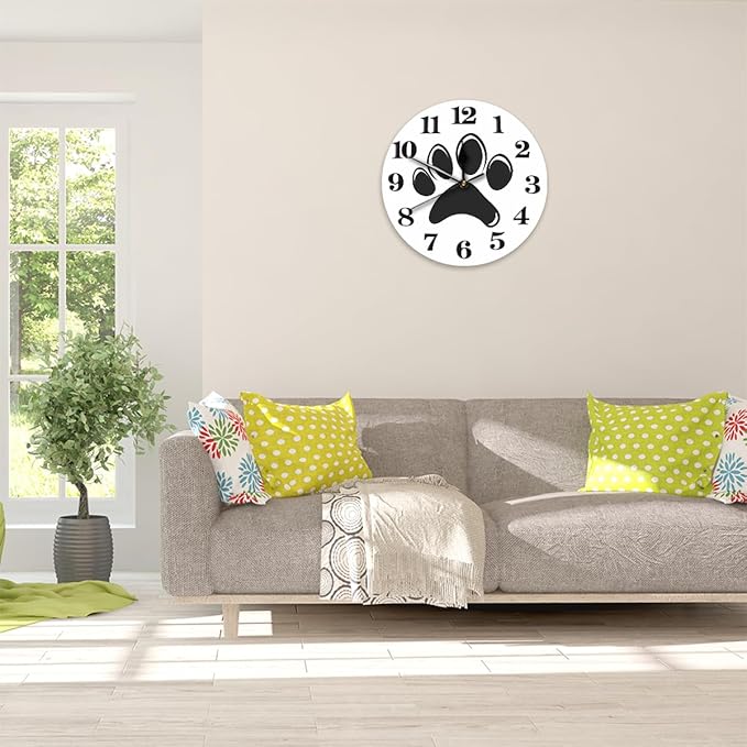 Cat Dog Paw Print Wall Clock Battery Operated 10 in Round Wall Clocks Slilent Non Ticking Quartz Analog Clock for Bedroom Kids Living Room Classroom Decor