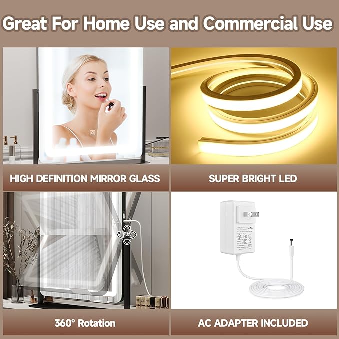 PRIMETEK Vanity Mirror with Lights, 19"x22" Large Makeup Mirror with Lights, LED Lighted Makeup Mirror, Touch Screen with 3-Color Lighting, Dimmable for Vanity Desk Tabletop, Bedroom, Black