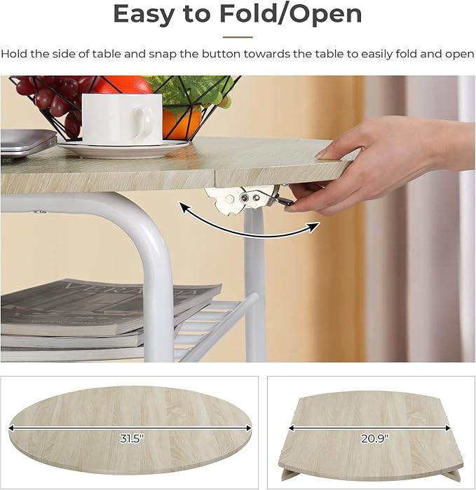 VINGLI 31.5" Drop Leaf Dining Table 3 Pieces for Small Space,Small Kitchen Table Set for 2,Round Folding Table with 2 Chairs for Home,Kitchen,Apartment,White&Oak