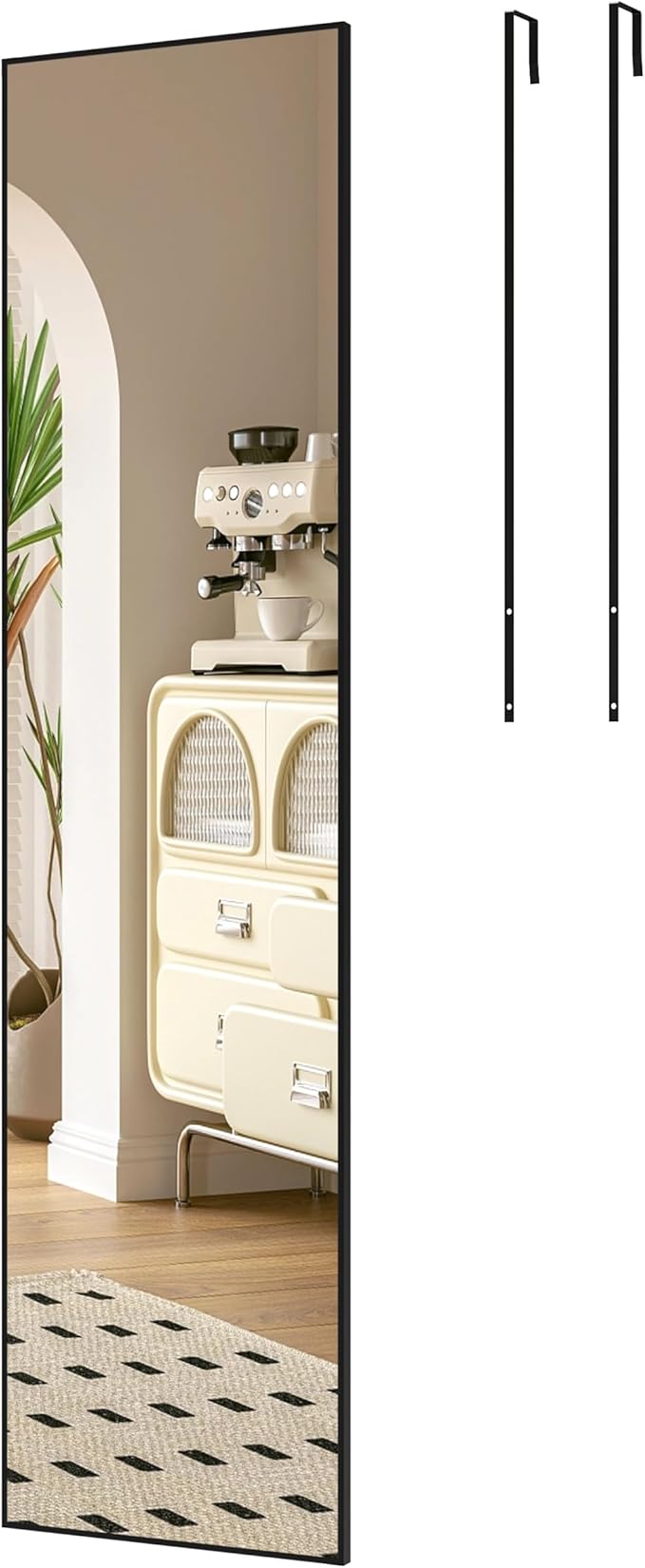 ANYHI Over The Door Mirror, 47" x 12" Black Full Length Mirror for Door, 2 Hooks, Aluminum Frame, Door Hanging or Wall Mounted for Bedroom Bathroom Checkroom