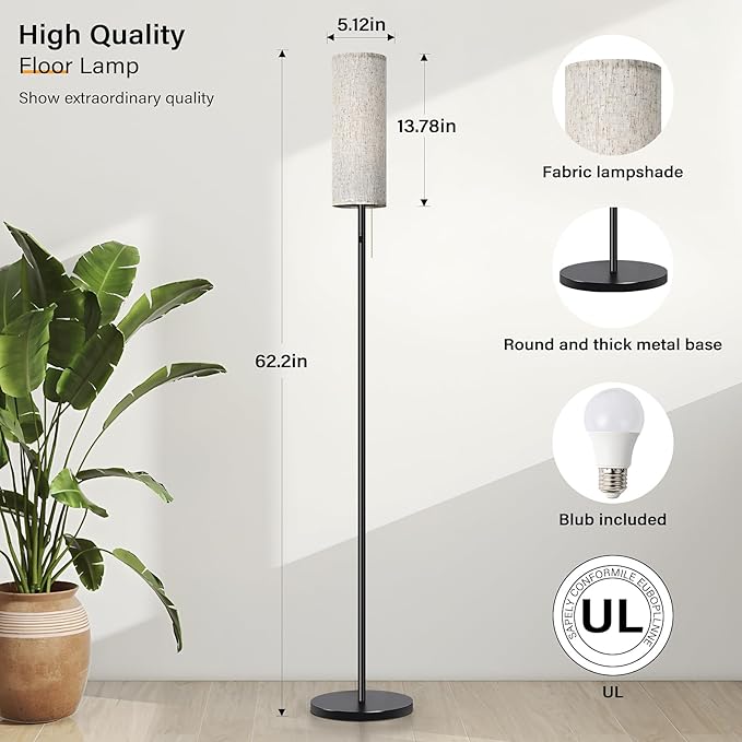 Cordless Floor Lamp for Living Room, with 3 Color Temperature and Pull Cord Switch, 8000mAh Battery Operated Portable Rechargeable Modern Standing Led floor lamp Light for Bedroom Office, Farmhouse