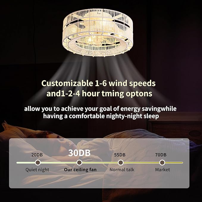 Boho Caged Ceiling Fans with Lights Flush Mount，Layered Rattan Ceiling Fan with Light Remote Control，White Farmhouse Low Profile 6 Speeds Ceiling Fan for Bedroom,Living Room,Kitchen,Dining Room