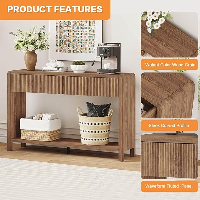 FATORRI Console Sofa Table for Entryway, Wood Foyer Tables for Living Room, Farmhouse Couch Table behinde Sofa with 2 Drawers for Hallway Storage (47.2 inch, Walnut)