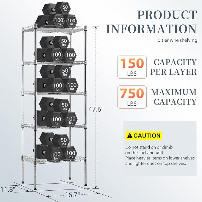 BestOffice 5-Shelf Storage Shelves, Adjustable Shelving Unit Wire Shelving Metal Shelves,11.8" D x 16.7" W x 47.6" H,Chrome