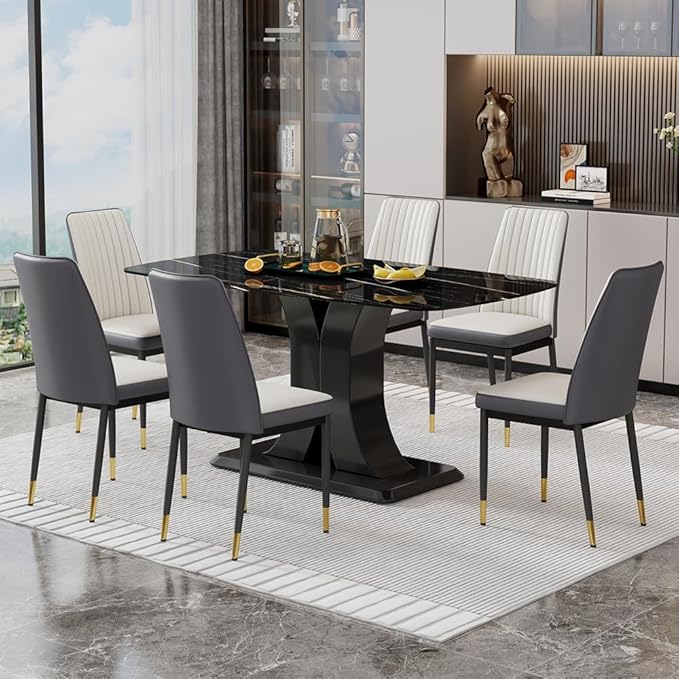 Modern Dining Table Set for 6, Marble Kitchen Table Chair Set for 6, Rectangular Kitchen Table with 6 Pu Leather Upholstered Chair for Dining Room