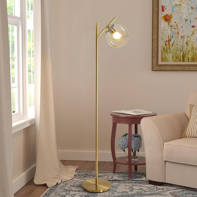 Mid Century Modern Floor Lamp for Living Room Retro Vintage Brass Standing Light Industrial Cognac Glass Globe Floor Freestanding Lamp for Office Hotel Bedroom