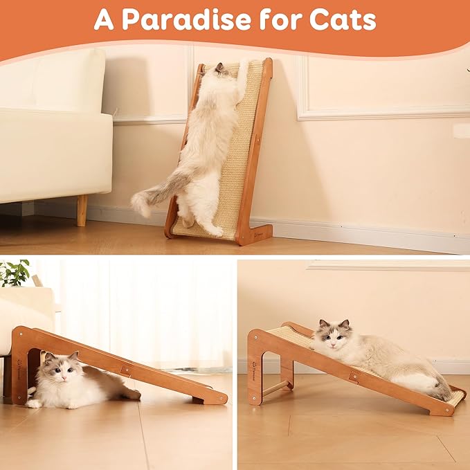 Extra-Larger Cat Scratching Post - Beechwood Base, 28.5" Natural Sisal Woven Cat Scratch Pad, Durable Cat Scratcher Ramp, Furniture Protector for Cats' Clawing and Play
