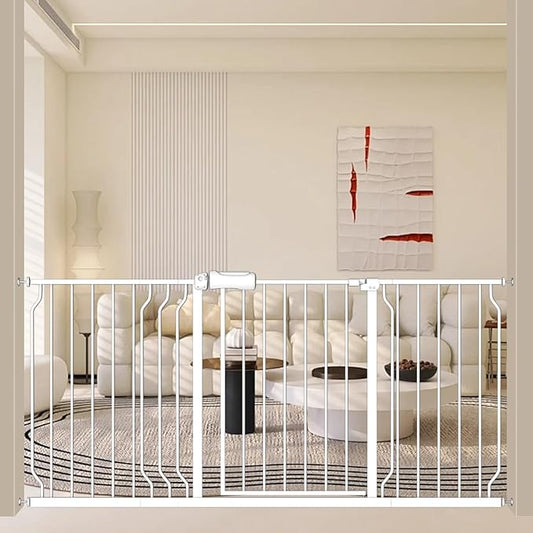 ALLAIBB Extra Wide Baby Gate Pressure Mount with Auto-Close, White Metal Safety Gate for Stairs & Doorways - Child Proof, Pet Barrier for Hallways, Kitchen, Living Room for 62.02-66.93 inch
