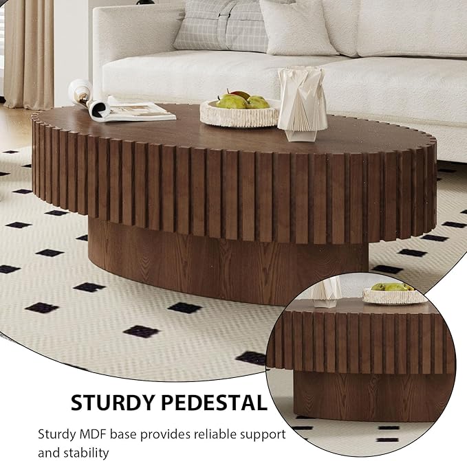 Oval Coffee Table, Handcrafted Fluted Drum Coffee Tables Modern Wood Coffee Table Drum Center Table for Living Room, Apartment (Oval Brown)