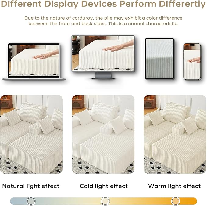 108" Sectional Couches for Living Room, Modular Sectional Sofa with L-Shape Chaise, Boneless Couch, Comfy Corduroy Fluffy Couch with Deep Seat and Side Pockets, No Assembly Required