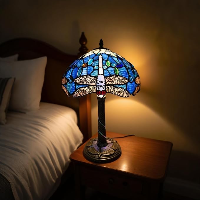 Tiffany-Style Table Lamp, 12" Blue Dragonfly Handmade Stained Glass Lamp Shade, Vintage Reading Light for Bedroom Living Room, LED Bulb Included