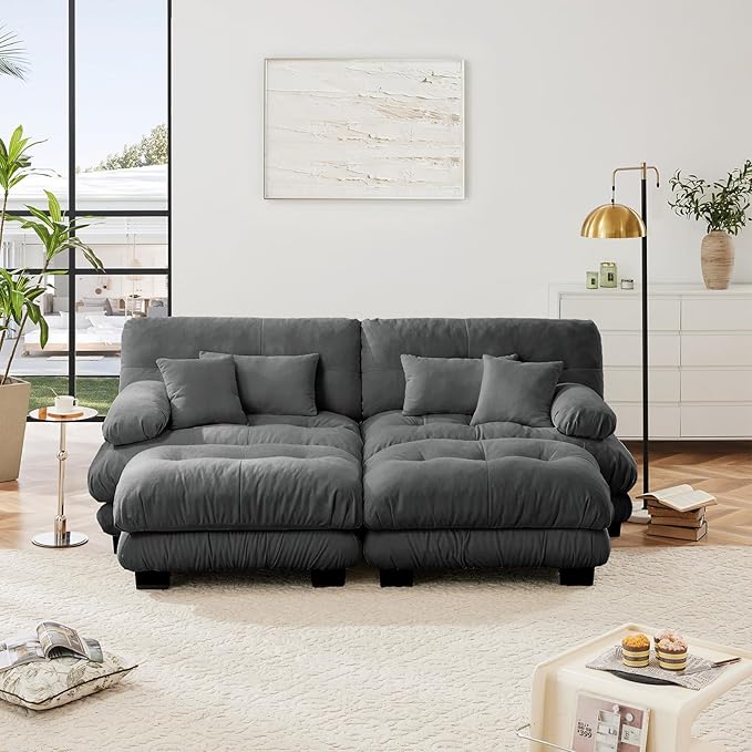 94.4" Loveseat Sofa, 2 Seater Modular Sectional Sofa, Grey Large U Shaped Sectional Couches, Fluffy Chenille Cloud Couch with Ottoman, Deep Seat for Living Room