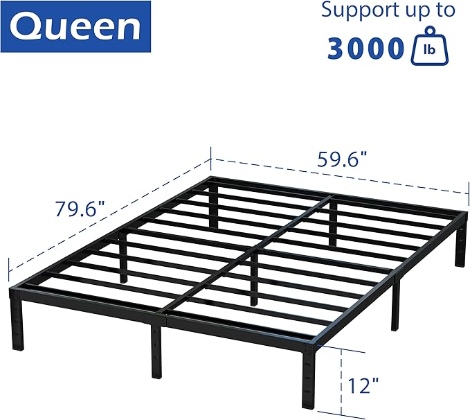 12 Inch Bed Frame Queen Size No Box Spring Needed, Heavy Duty Queen Platform Metal Bed Frame Support Up to 3000 lbs, Easy Assembly, Noise Free, Black