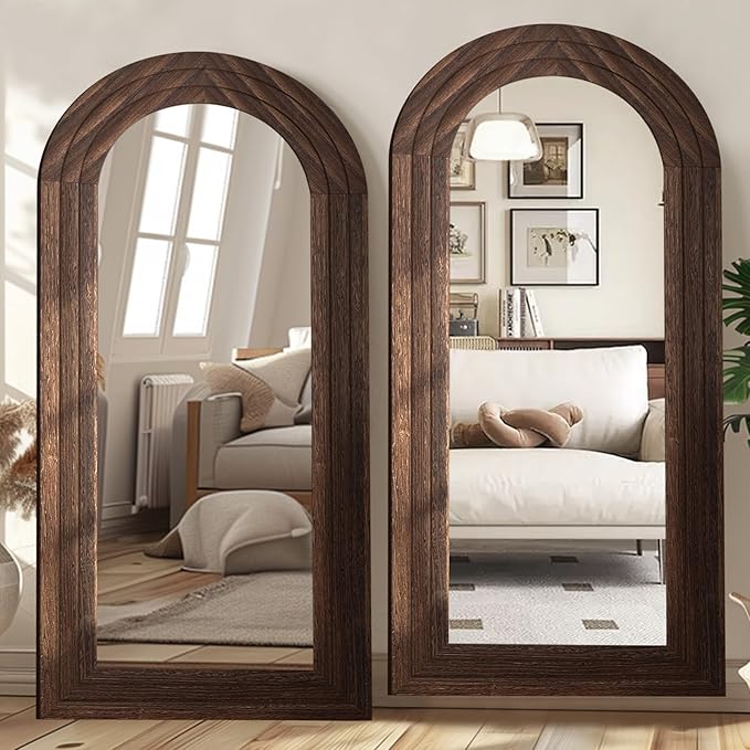 Arched Full Length Mirror with Solid Wood Frame, 71x32 Farmhouse Wall Mounted Floor Mirror with Stand, Vertical Hanging, Leaning Standing for Bedroom, Living Room, Brown