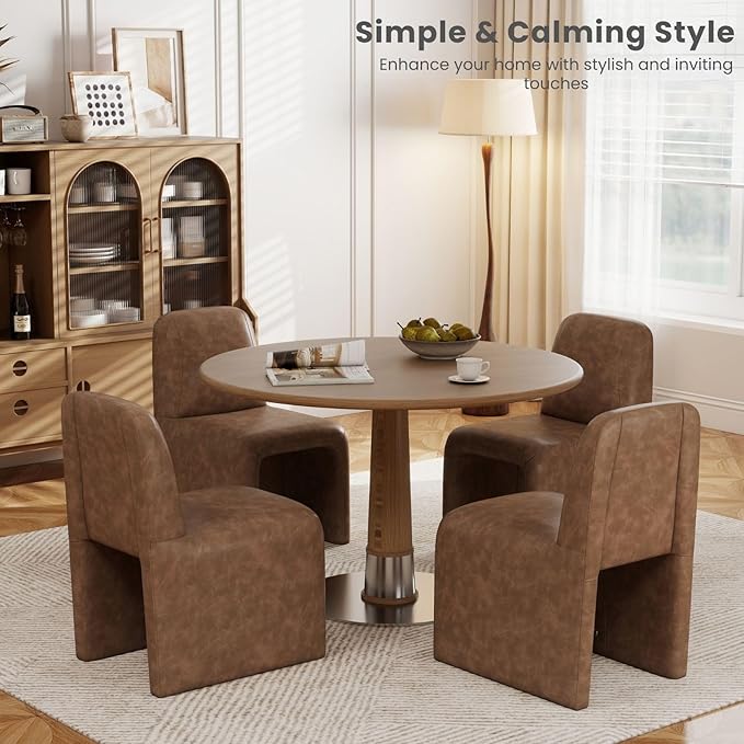 Brown Upholstered Leather Dining Chairs Set of 2, Mid Century Modern Dining Room Chairs with Deep Seat & Curved Back, Armless Side Chair Comfy Kitchen Chairs for Living Room/Kitchen