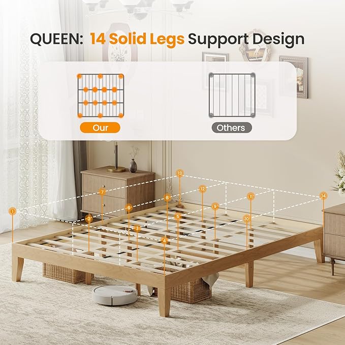 Queen Size Wood Platform Bed Frame, 12 Inch Solid Wood Bed Frame with Wooden Slats, No Box Spring Needed, Easy Assembly, Rustic Pine