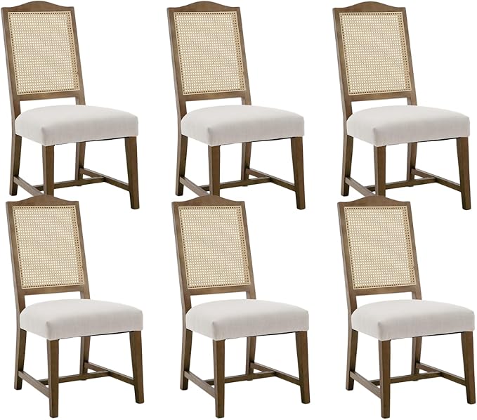 EALSON Rattan Dining Chairs Set of 6 Linen Upholstered Dining Room Chairs with Cane Back Mid Century Modern Kitchen Chairs Natural Wood Frame Side Chairs for Dining Room, Beige