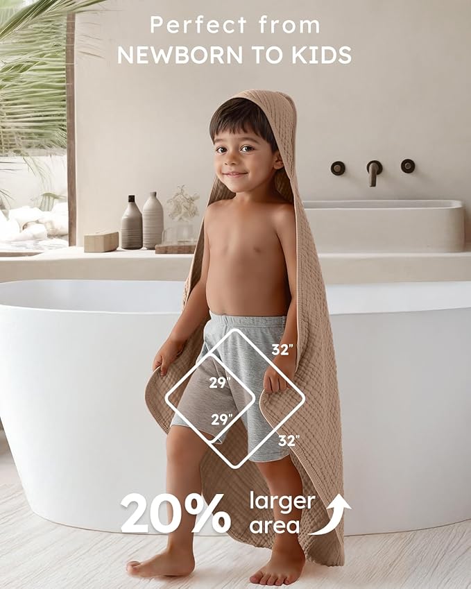 Yoofoss Hooded Baby Towels for Newborn 2 Pack 100% Muslin Organic Cotton Baby Bath Towel with Hood for Babies, Infant, Toddler and Kids, Large 32x32Inch, Soft and Absorbent Newborn Essential