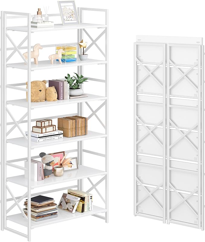 4NM 6 Tiers No Assembly Book Shelves, 61.8" H Folding Bookshelf Bookcase Open Industrial Foldable Shelves for Bedroom, Living Room, Home Office - All White