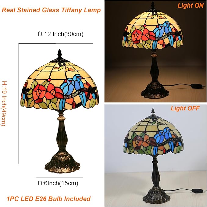 Tiffany Style Table Lamp Hummingbirds Flower Stained Glass Bedside Nightstand Table Lamp for Bedroom,Living Room,Home Office Farmhouse Desk Lamps 12X12X19Inch