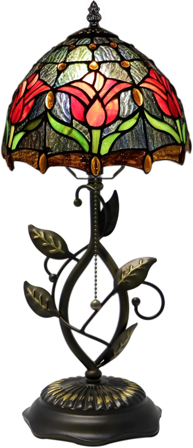 Small Tiffany Lamp Red Tulip Style Stained Glass Table Lamps Desk Bedside Reading Light 8X8X18 Inches with Bronze Metal Leaf Resin Base