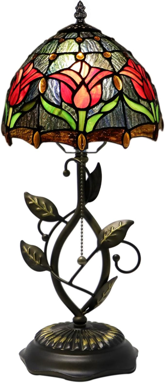 Small Tiffany Lamp Red Tulip Style Stained Glass Table Lamps Desk Bedside Reading Light 8X8X18 Inches with Bronze Metal Leaf Resin Base