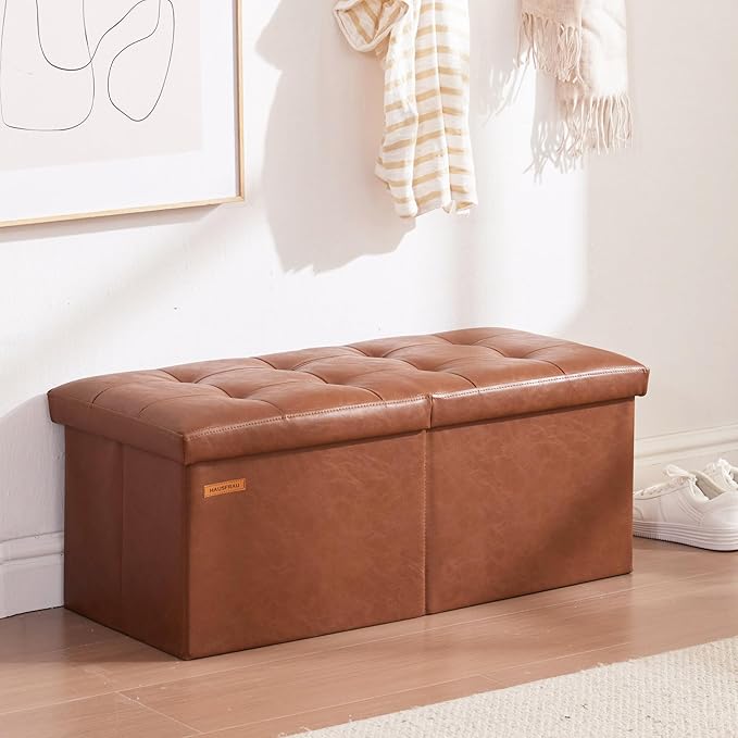 HAUSFRAU 31.5 Inches Ottoman with Storage, Folding Ottoman Bench Small Foot Rest Stool, Bedroom Bench with Flipping Lid, Faux Leather Retro Brown