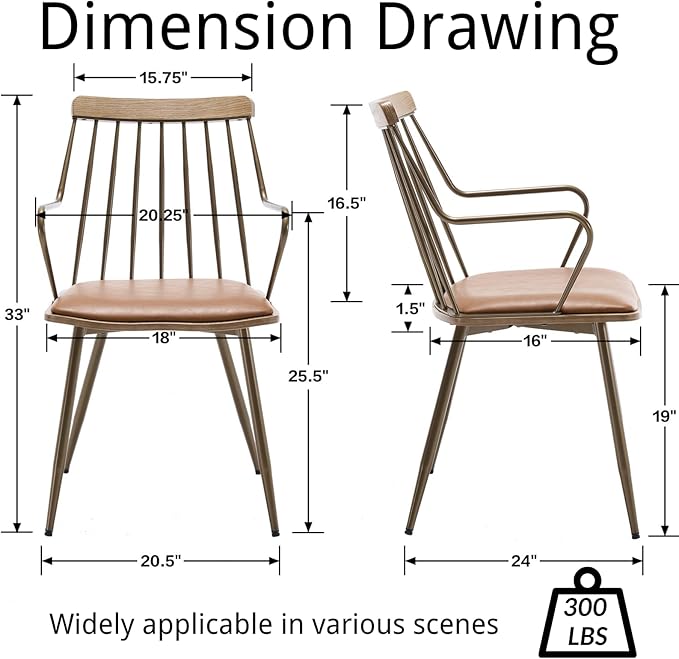 Modern Dining Chairs Set of 2, PU Upholstered Dining Chairs with Metal Legs, Wood Kitchen Chairs with Fence-Like Back and Curved Arm for Dining Room Kitchen Restaurant Reception (Brown)
