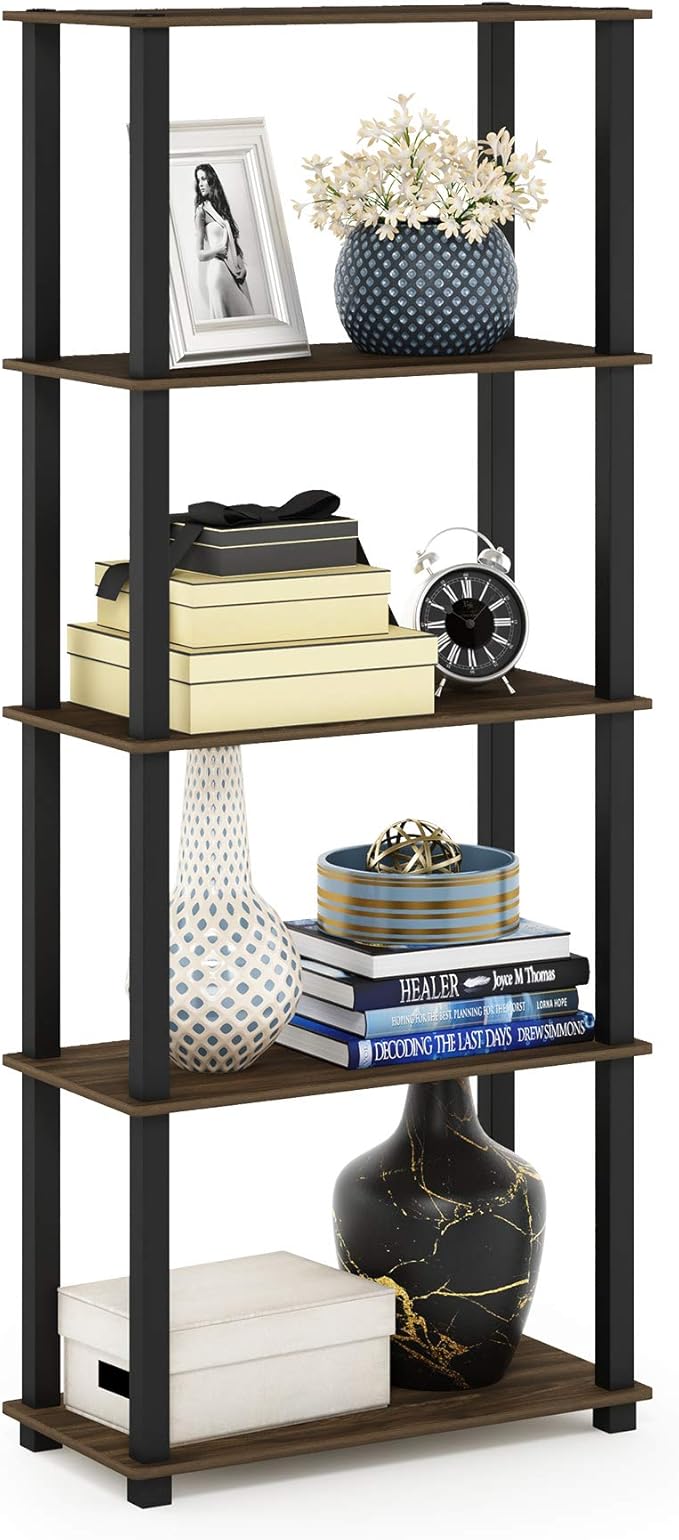 Furinno Turn-N-Tube 5-Tier Multipurpose Shelf / Display Rack / Storage Shelf / Bookshelf, Square Tubes, Columbia Walnut/Black