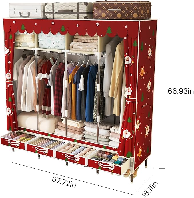 Portable Wardrobe with 4 Drawers Simple Temporary Wardrobe, Armario Portátil,New Oxford Cloth, Christmas Style (Christmas Color)