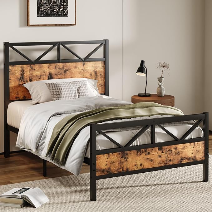 Twin Size Bed Frame with 51.2" Tall Headboard and Footboard, Platform Bed Frame with Metal Support, Solid and Stable, Noise Free, No Box Spring Needed, Rustic Brown