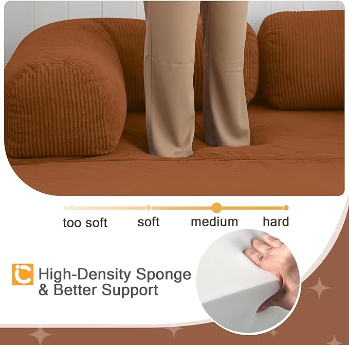 COMAX Futon Sofa Bed, 4-in-1 Floor Foldable Sofa Couch Bed Queen with L-Shaped Armrests, Convertible Folding Chair Bed Corduroy Sleeper Mattress Fold Out Comfy Lounge for Living Room, Orange