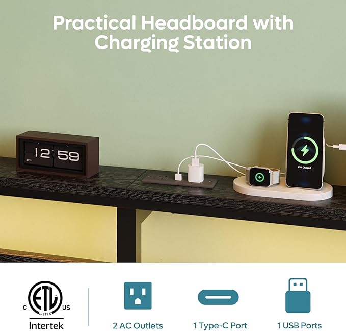 Bestier Full Bed Frame with Storage Headboard and Charging Station, Black Platform Bed Frame with LED Light, Non-Slip Metal Bed Frame, Noise-Free, Easy Assembly