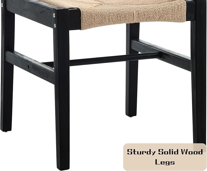 Modern Rattan Dining Chairs Set of 2, Boho Cane Farmhouse Chair, Black Wood Legs Dining Chairs with Open Back, Armless with Natural Weave 2.5 Inches Seat Kitchen Chairs for Living Room