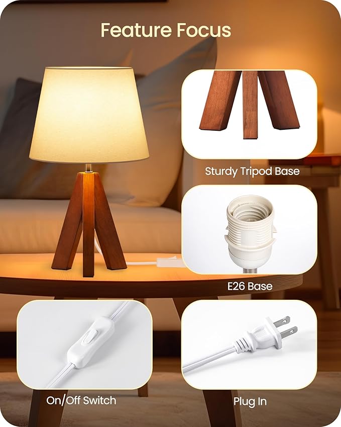 Tripod Table Lamp, Small Bedside Lamp with White Fabric Shade & Dark Wood Base, Modern Nightstand Lamp, Little Cute Desk Lamp for Bedroom, Kids Room, Living Room, Office, Study, LW51TL05