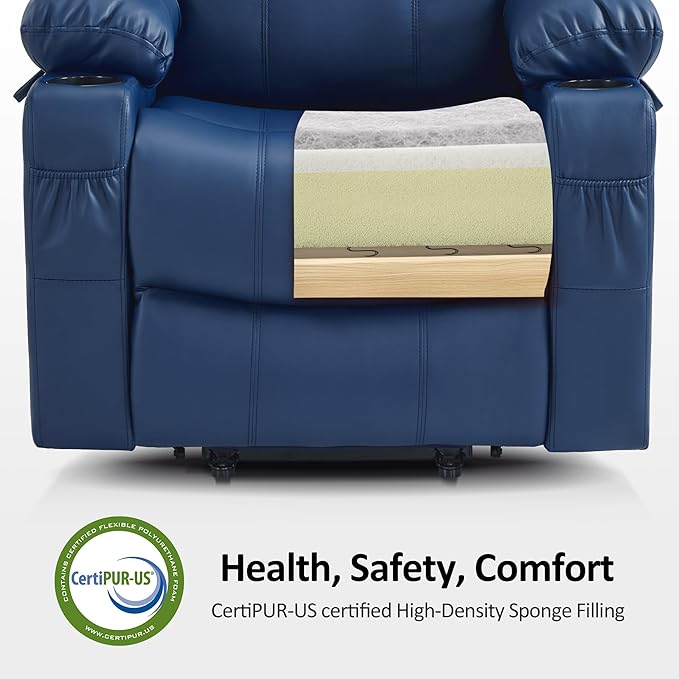 MCombo Electric Power Lift Recliner Chair Sofa with Massage and Heat for Elderly, 3 Positions, 2 Side Pockets, and Cup Holders, USB Ports, Faux Leather 7040 (Blue, Medium)