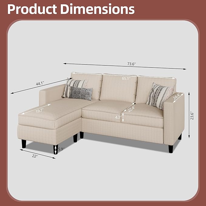 Nuturelly Convertible Sectional Sofa Couch with Movable Ottoman, 3-Seater Modern L-Shaped Sofa for Small Spaces, Soft Fabric Couch for Living Room, Small Apartment & Office(Khaki)