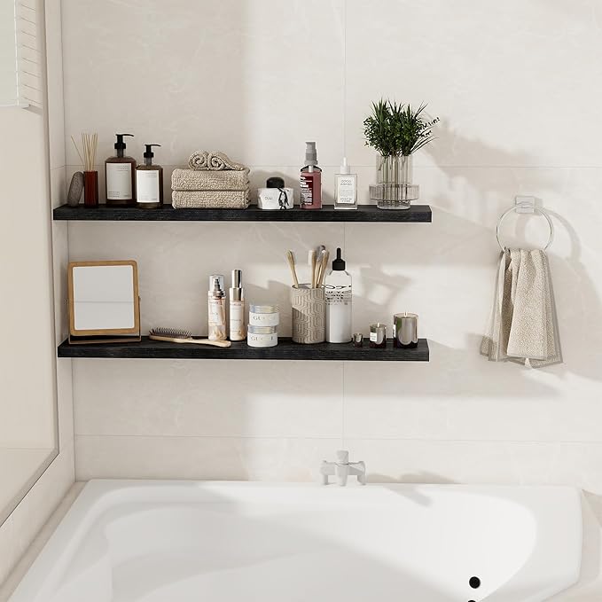 Fun Memories Floating Shelves for Wall, 40 Inch Floating Shelves for Home Decor, Wall Mounted Rustic Wood Shelves, Bathroom, Hanging Deep Shelf for Bedroom, Living Room, Kitchen (Black, Set of 2)