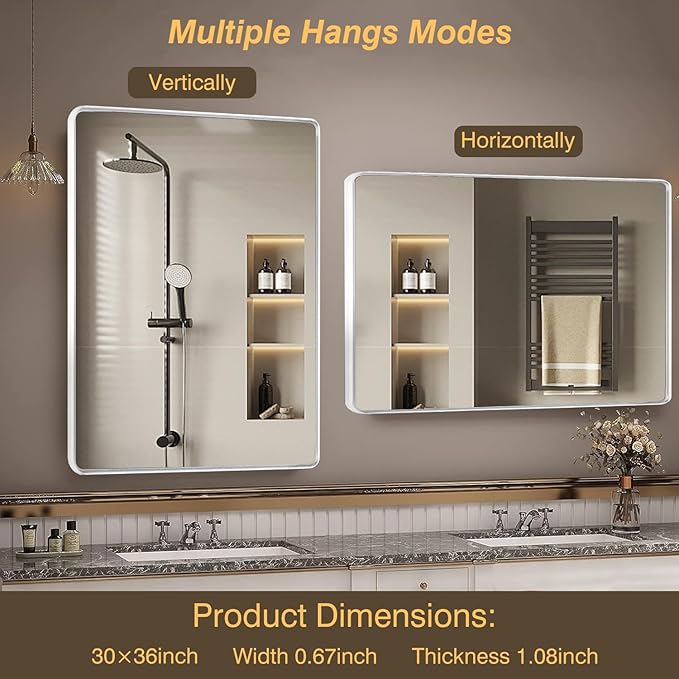 Silver Framed Mirrors for Bathroom,36 x 36 Inch Rounded Conner Rectangle Mirror for Wall, Matte Silver Vanity Mirror with Tempered Glass,Hangs Horizontally or Vertically