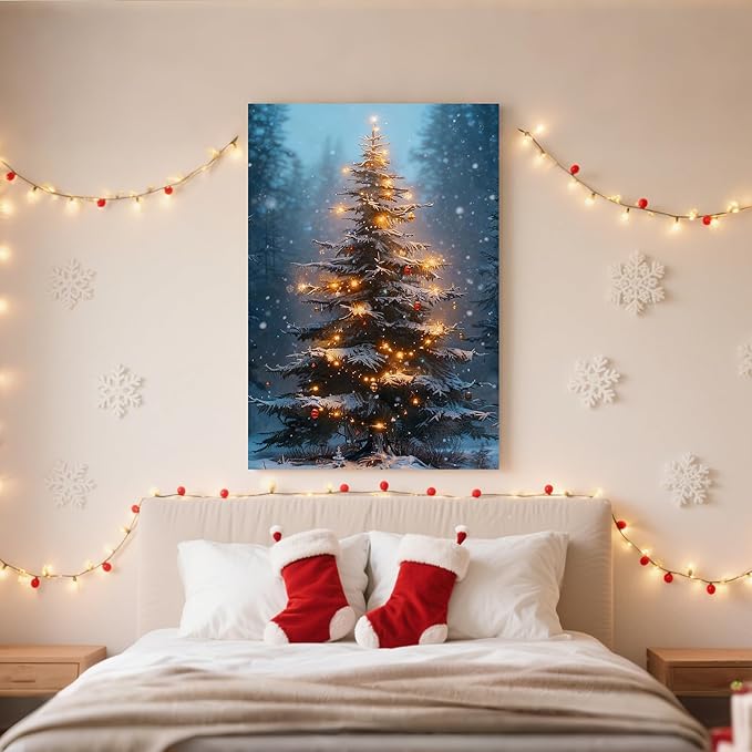 Framed Christmas Pictures Wall Decor,Vintage Pine Tree Prints,Winter Christmas Canvas Wall Art Decoration for Bedroom Bathroom Living Room Rustic Xmas Holiday Gifts (Christmas Tree 3, 20'' X 32'')