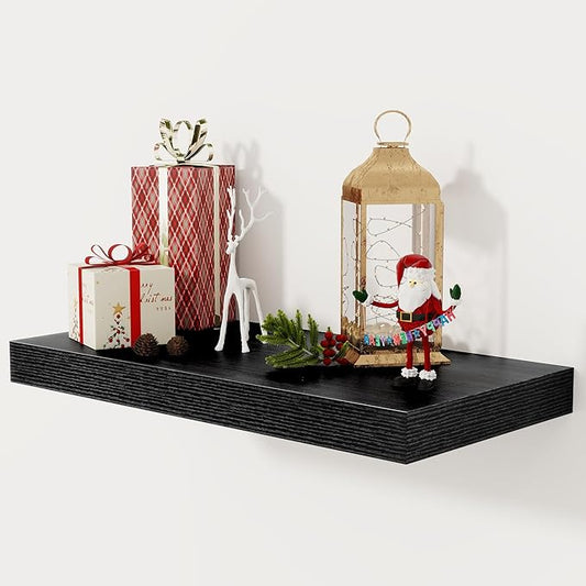 12 Inch Deep Black Floating Shelves, 24 x 12 Floating Shelf for Books, Rustic Wood Deep Wall Shelves for Home Storage & Display, 2" Thicked Shelves for Kitchen, Living Room, Bedroom, 1 Pack