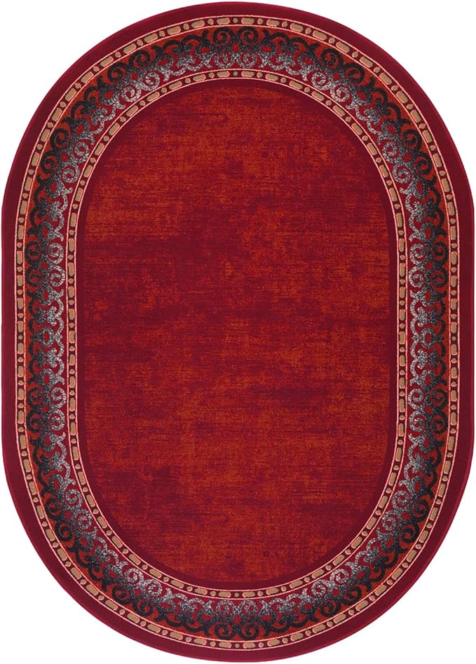 Antep Rugs Alfombras Bordered Modern 5x7 Non-Slip (Non-Skid) Low Pile Rubber Backing Indoor Area Rug (Maroon Red, 5' x 7' Oval)